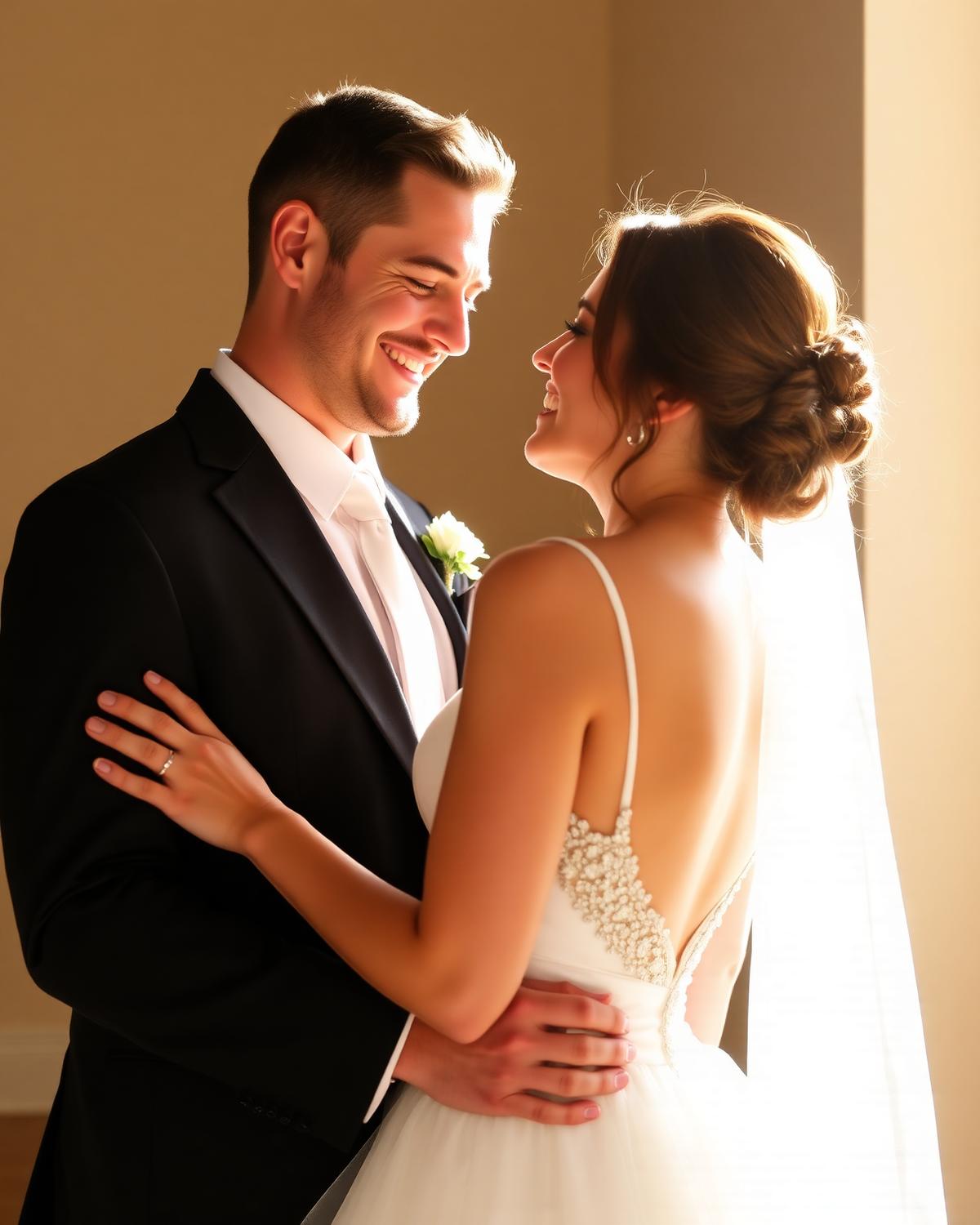 The couple laughing together in warm afternoon light