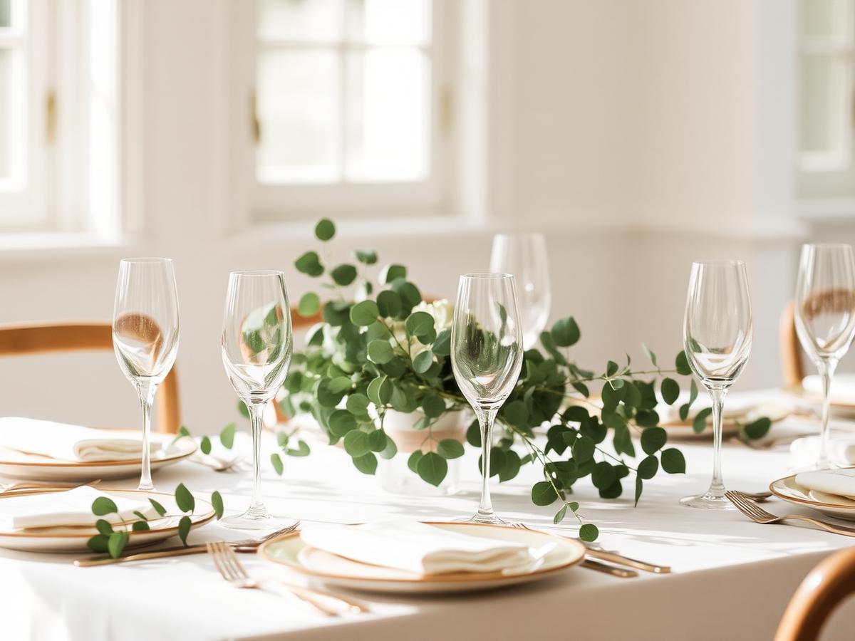 Reception table set with eucalyptus and champagne glasses