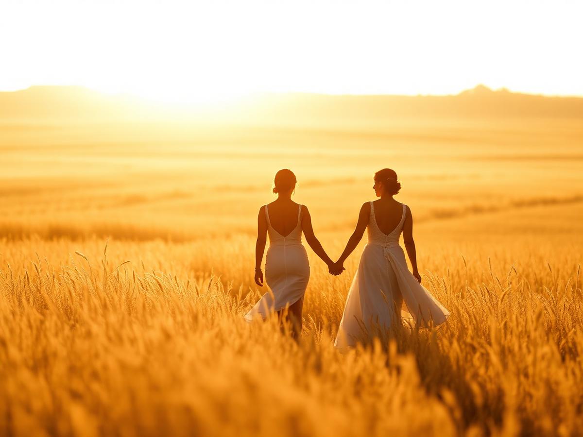 The couple walking through a sunlit field at golden hour